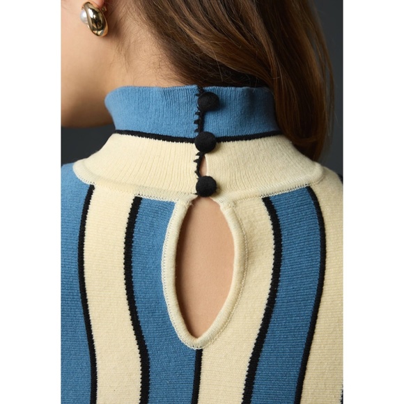 Anthropologie Eva Franco Blue Stripe Cotton Sleeveless Mock Neck Mini Dress - Picture 5 of 8